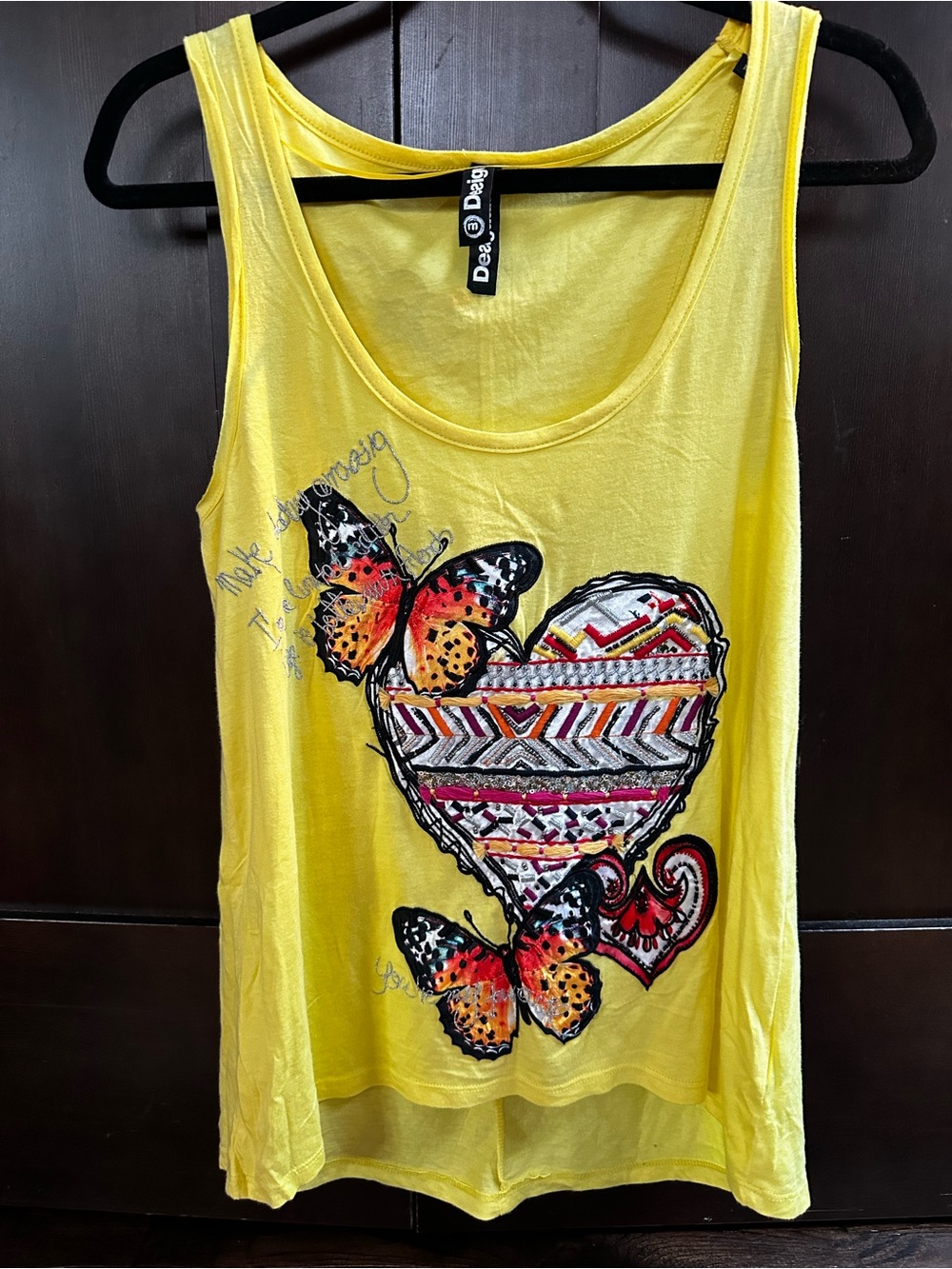 Desigual Bright Yellow Butterfly & Heart Graphic Tank